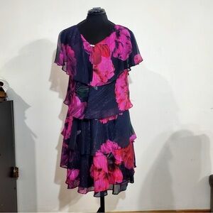 SLNY Womens Floral Flutter Party Sheath Chiffon Dress Black Red Pink Purple 14